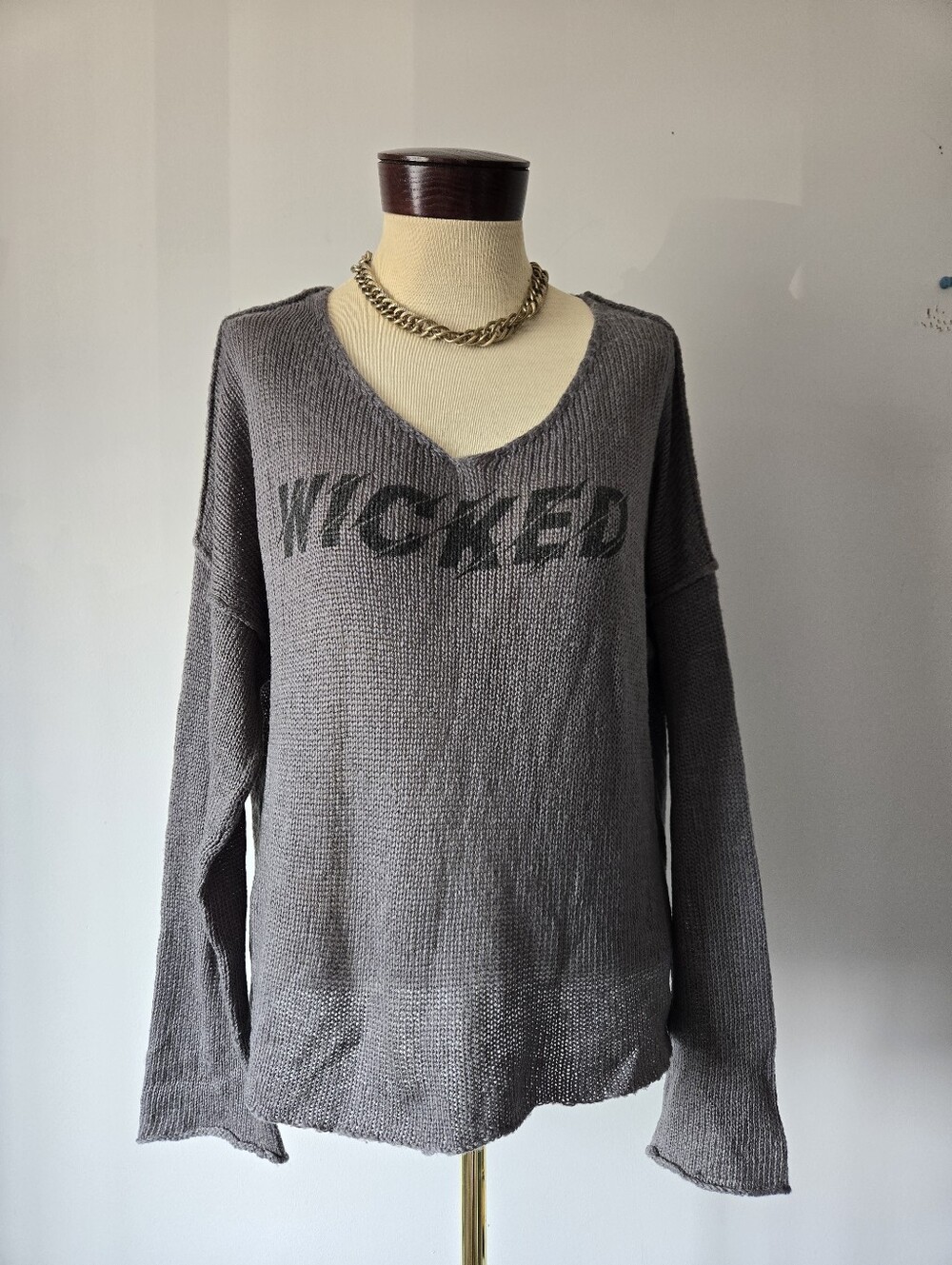 Wooden Ships Wool And Mohair Gray 'WICKED' V-Neck Knit Sweater. Size Large
